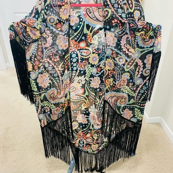 Black Paisley Fringe Kimono Cover-Up with Multicolor Print - Picture 3 of 3